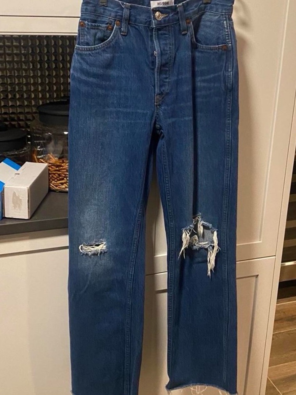 Re/Done Women’s Blue Distressed Straight-Leg Jeans